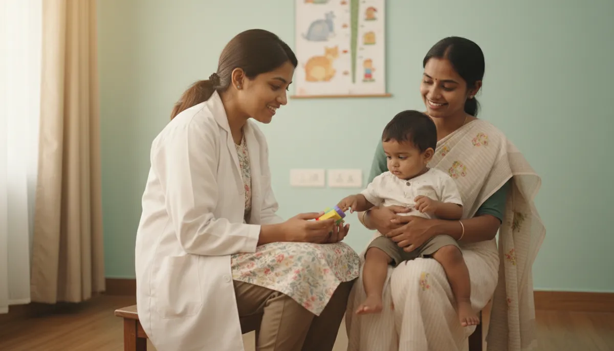 A warm pediatrician sitting at eye level with a toddler on their mother's lap during a gentle clinic checkup