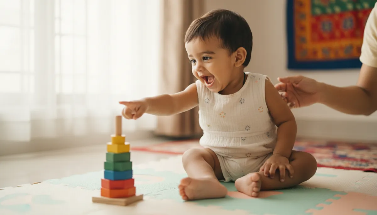 A toddler pointing excitedly at a toy while a parent's hand responds nearby, illustrating shared joint attention