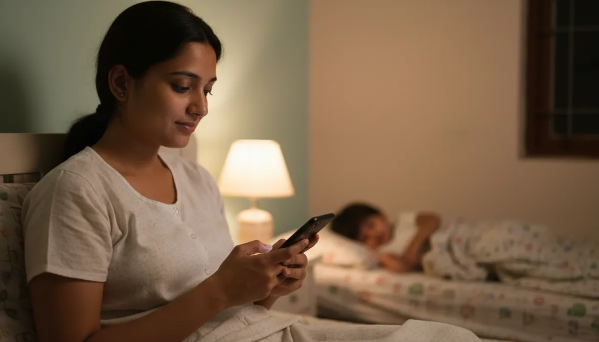 A mother at night, calmly reassured while messaging on her phone as her toddler sleeps peacefully beside her
