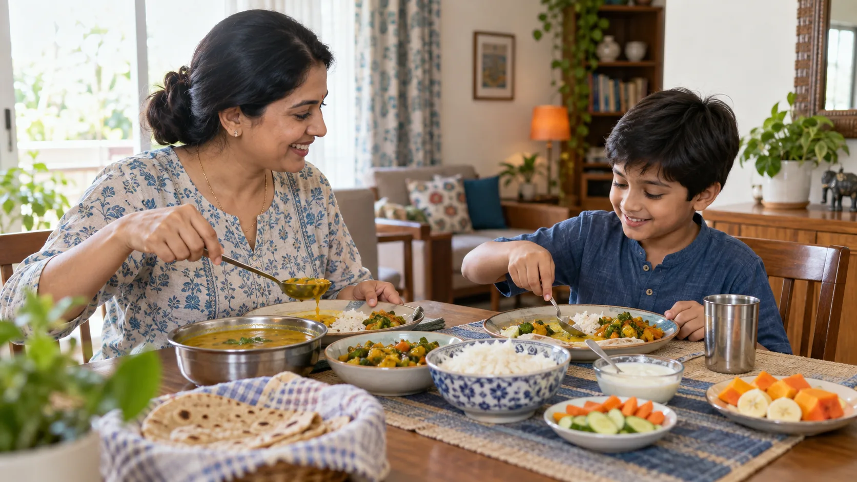 A parent and child sharing a varied home-cooked Indian meal