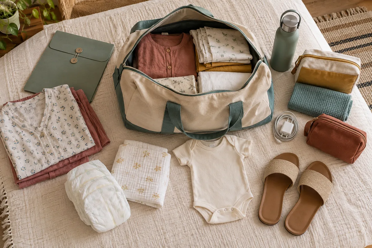 An open hospital bag arranged with an admission folder, parent clothing, baby clothes, nappies, toiletries and a charger